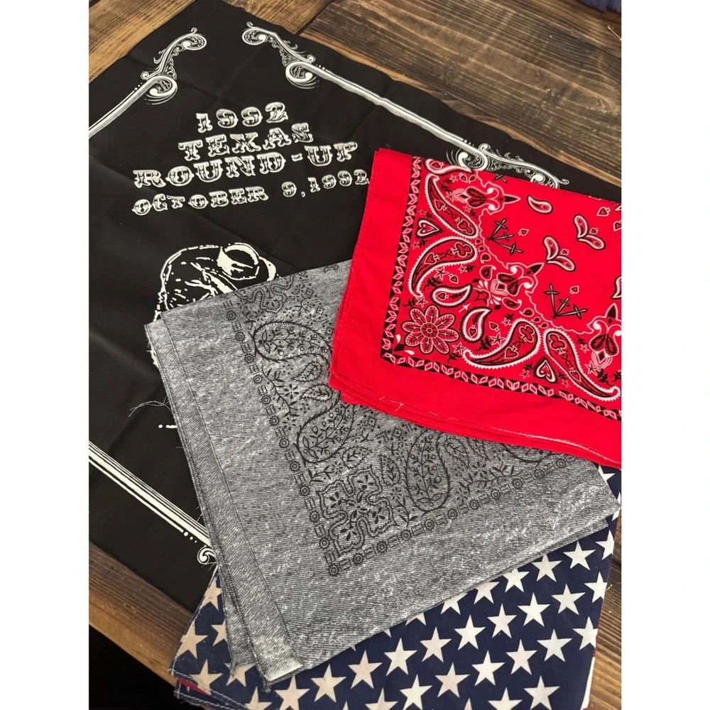 Vintage 90s Bandanas Set‎ of 4 1992 Texas Round Up Rodeo Biker USA Flag Paisley